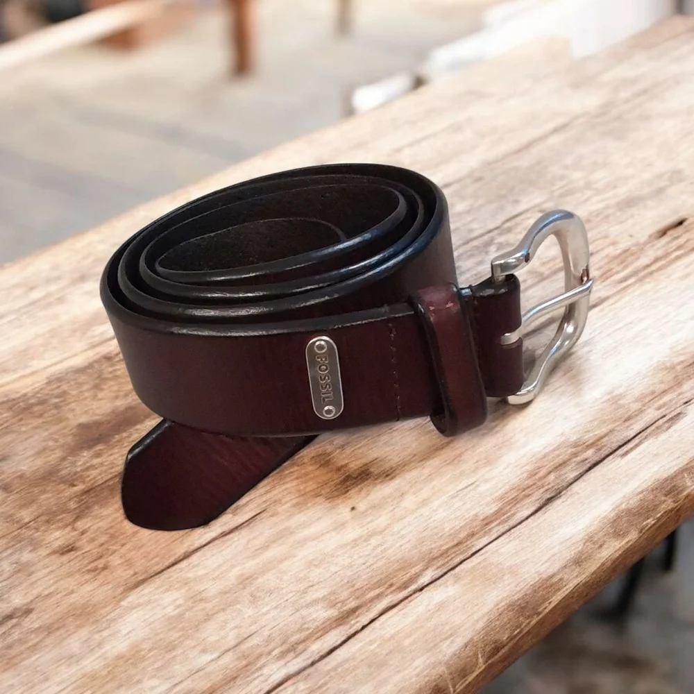Fossil Full Grain Cowhide Mens Dark Brown Leather Belt Silver Buckle Size 44 - Picture 1 of 11